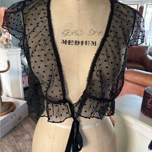 Anthropologie Sheer LACY Heart Bolero L Jacket Black short sleeve feminine bow
